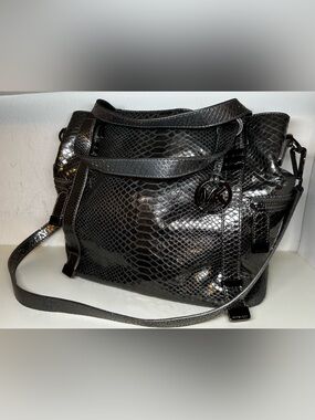 Michael Kors Glossy Black Snake-Embossed Shoulder Bag